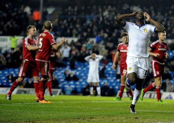 Leeds United's Souleymane Doukara reacts after failing to score against Middlesbrough.