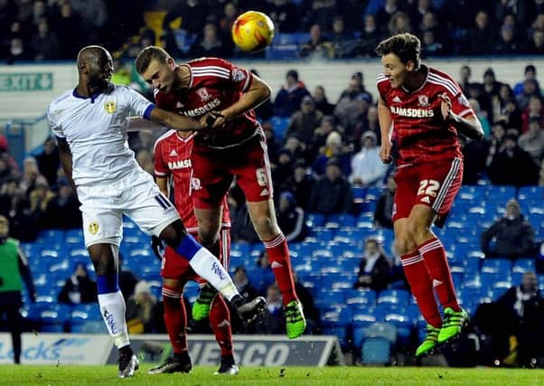 Leeds United striker Souleymane Doukara gets a header in against Middlesbrough.