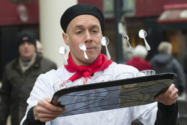 Picture by Allan McKenzie/YWNG - 20/02/16 - Press - Wakefield Rhubarb Festival 2016 - Wakefield, England - Ian Marchant as Culinary Capers entertains the crowds at the Wakefield rhubarb festival.
