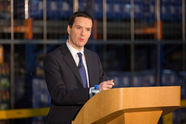 Picture shows Conservative MP and chancellor of the exchequer George Osborne giving a speech at the Britvic bottling factory in Leeds, West Yorkshire, during the 2015 election campaign.  Ian Hinchliffe / Rossparry.co.uk