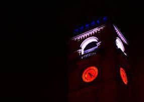 Wakefield Town Hall clock tower lit up in red,white and blue after the Paris terrorist attacks. Picture Scott Merrylees