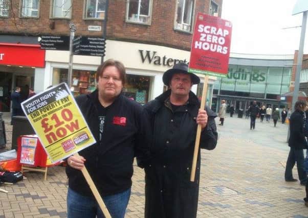 Protestors campaigning for a Â£10 miinmum wage in Wakefield City Centre.