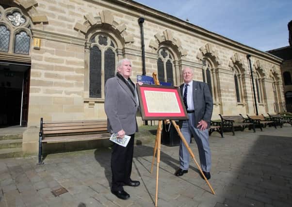 Replica of the Magna Carta going on display at St GilesÃ¢Â¬" Church, Pontefract.
Norman Blackburn (chairman of Pontefract Magna Carta group) and Sir Bill O'Brien (secretary of Pontefract Magna Carta group)