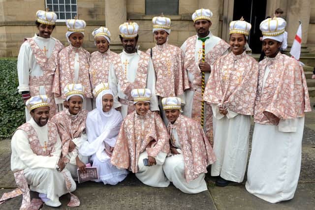 Newspaper: Wakefield Express.
Story: Festival to mark St George's day held at St Peter's church, Horbury.
Pictured: Ethiopian Orthodox group.
Reporter: Gavin Murray.
Photographer: Andrew Bellis.
Photo date: 23/04/16
Picture Ref: AB171a0416