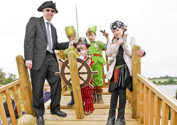 Coun Les Shaw with young pirates aboard the galleon.