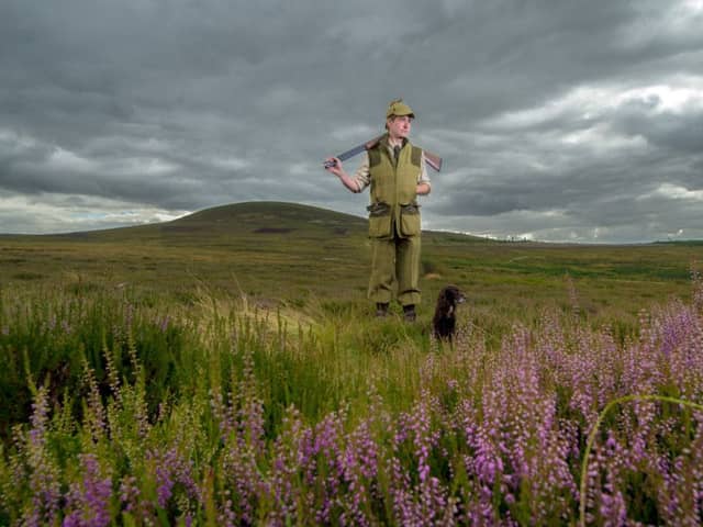 Anthony Dowson  28, Moorland Beat Keeper for the Thimbleby estate, near Northallerton, is pictured counting grouse on the moor with his dog Millie.
Picture: James Hardisty.