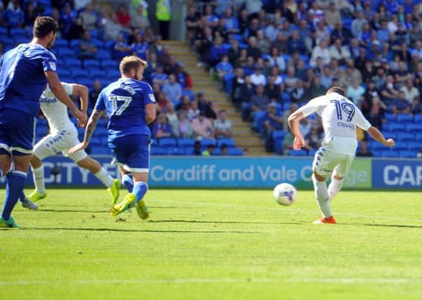 Pablo Hernandez curles a shot in for Leeds United's second goal at Cardiff. Picture: Tony Johnson.