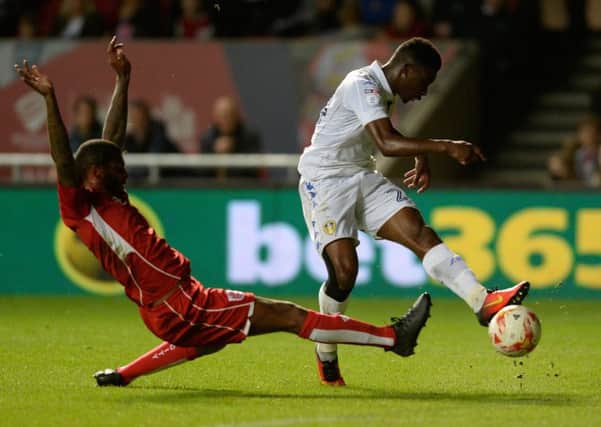 Hadi Sacko gets a shot in for Leeds United at Bristol City. Picture: Bruce Rollinson