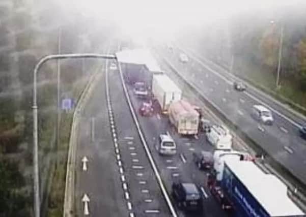 Traffic queues on the M62 near Morley this morning
