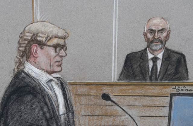 Richard Whittam QC, prosecuting, questions Thomas Mair in a court artist's drawing during the murder trial at the Old Bailey. Picture: SWNS