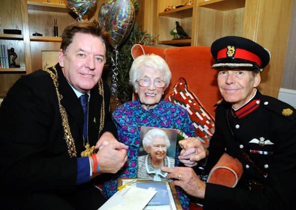 The Lord Mayor of Leeds Coun Gerry Harper, left, 100-year-old Irene Atkin, Squadron Leader David Dinmore, Deputy Lord Lieutenant of West Yorkshire