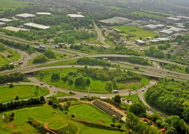 Aerial shot of the M62  junction with the M606 Chain Bar Interchange near Bradford and Leeds. This picture was taken in June 2015 by Tony Johnson
