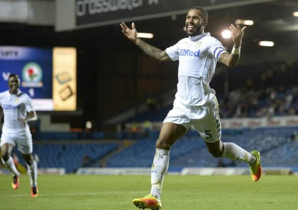 Kyle Bartley celebrates scoring the winning goal for Leeds United.