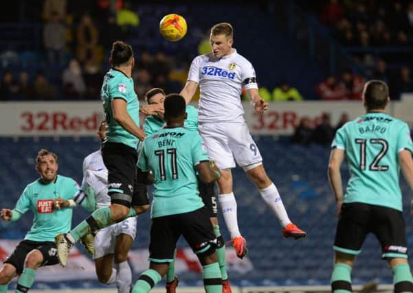 Chris Wood heads in Leeds United's goal against Derby County. Picture: Bruce Rollinson