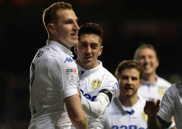 Leeds United celebrate Chris Wood's goal against Derby.