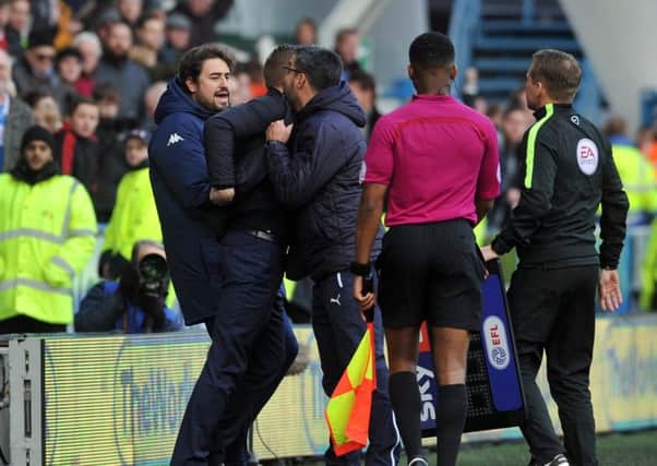 Garry Monk and David Wagner clash on the touch line at Huddersfield.