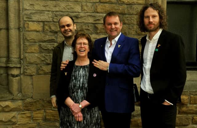 210317 Gary Verity  from Welcome to Yorkshire with Judith Blake Leader of Leeds City Council  and  two of the Kaiser Chiefs  Peanut (left) and Simon Rix  at the Y17  conference at York Theatre Royal  yesterday(tues)