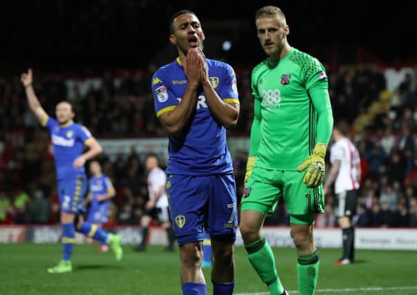 Kemar Roofe cannot believe his luck after seeing a shot kept out for Leeds United in their 2-0 defeat to Brentford. Picture: Bruce Rollinson