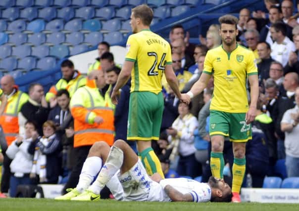 Kyle Bartley is down and out at the end of Leeds United's game with Norwich