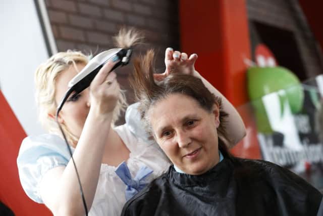 Charity headshave and fun day at Castleford bus station in memory of driver David Teasdale. In aid of Macmillian and Little Princess Trust.
Tracy Fenton