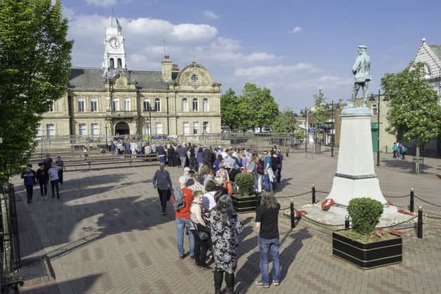 Picture by Allan McKenzie/YWNG - 10/05/17 - Press - John Bishop Comes to Ossett, Ossett Town Hall, Ossett, England - people queue to get into the town hall.