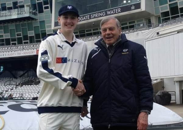 Harry Brook, pictured with former Yorkshire player and legendary Test umpire Dickie Bird.