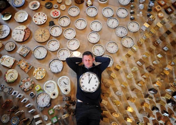 Clocks go forward for the start of British Summertime..Artist Luke Jerram pictured amongst the 2000 clocks as part of the clock exhibition at Nostell Priory, Wakefield..24th March 2017 ..Picture by Simon Hulme