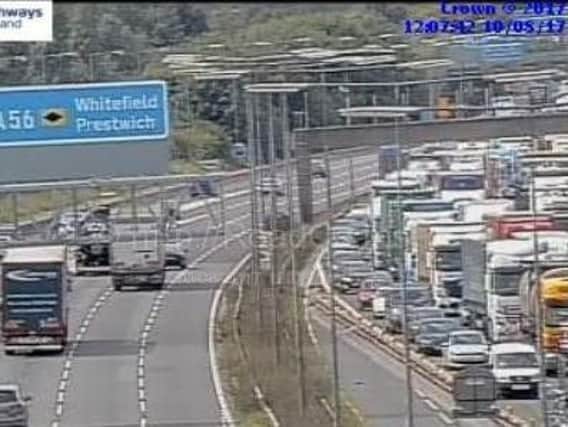Traffic queues building up at junction 19 of the M62. Picture: Highways England