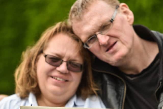 Angela Brown, 47, suffers from Motor Neurone Disease, so she will use a text-to-speech app to say I do at her wedding to fiancee Tim Gates, 48, pictured near Leeds, West Yorks., August 11 2017.