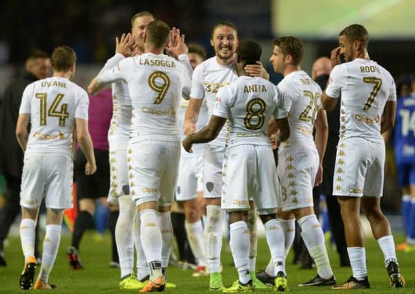 Full time celebrations as Leeds go top of the Championship. Picture: Bruce Rollinson