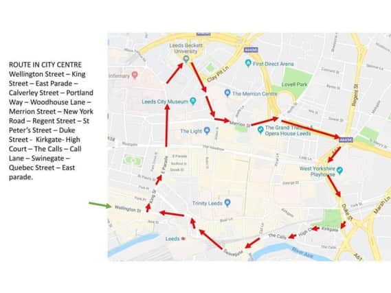 The planned taxi protest route in Leeds city centre.