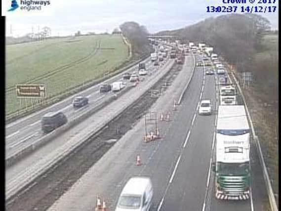 Traffic on the M62 on the approach to junction 30 near Wakefield. Picture: Crown 2017.
