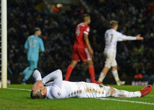 Pierre-Michel Lasogga reacts after failing to score for Leeds United against Nottingham Forest.  Picture: Bruce Rollinson