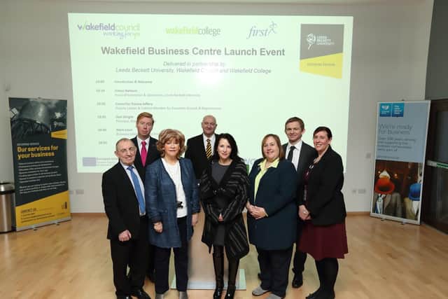 Launch of Leeds Beckett business centre in Wakefield. Colin Glass (WGN), Mark Casci (JP), Cllr Denise Jeffrey, Simon Baldwin, Natalie Sykes (IOD), Cathy Barnes, Neil Cormack (Lupton Fawcett) Clare Hagerup