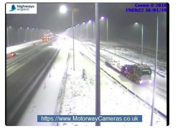 Disruption: Snow has caused chaos on motorways and roads in Yorkshire tonight. Picture: Highways England.