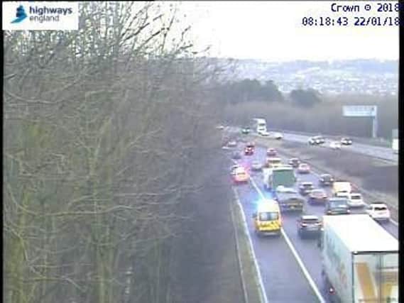 Traffic queuing on the M1 northbound near Barnsley where there has been a crash. Picture: Crown 2017