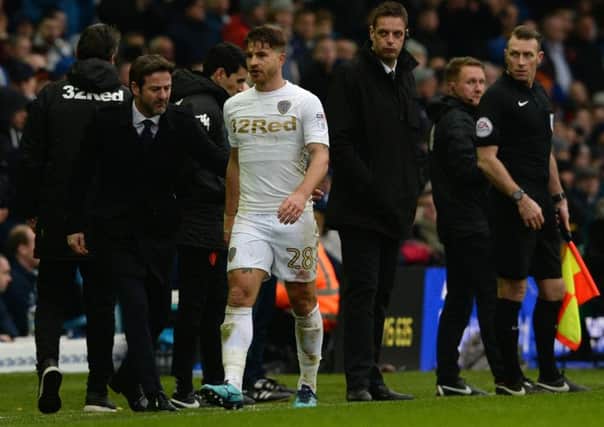 Gaetano Berardi walks off after being red carded in Leeds United's game against Cardiff City. Picture: Bruce Rollinson