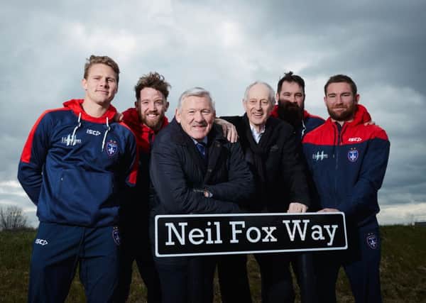 Wakefield Eastern Relief Road naming as Neil Fox Way. Attending are Neil Fox, Council leader Peter Box and Wakefield Trinity players