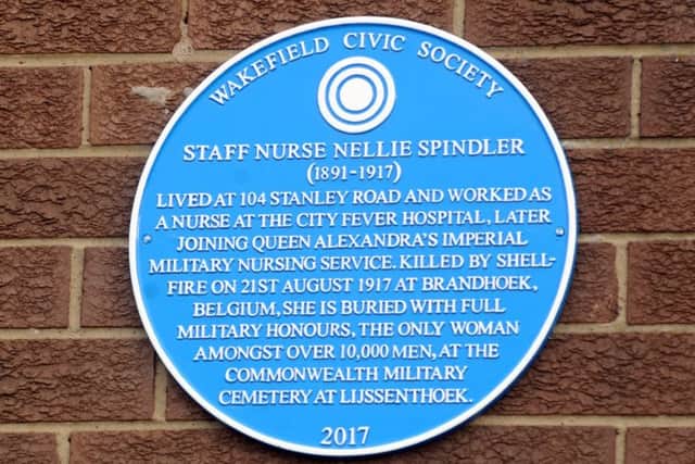 The blue plaque dedicated to Nellie Spindler on the site of her former home on Stanley Road in Wakefield.