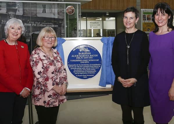 Coun Jacquie Speight, Coun Maureen Cummings, Mary Creagh and Rachel Reeves at the unveiling of a blue plaque dedicated to Alice Bacon on International Women's Day.