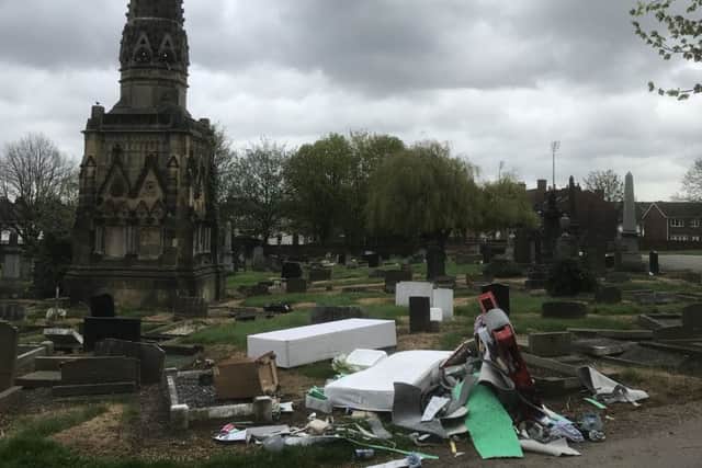 Rubbish fly-tipped at the cemetery in Wakefield, off Sugar Lane. (photo by John Exton)