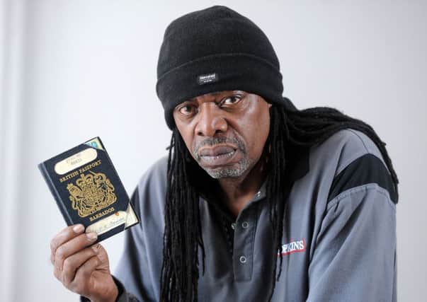24 May 2018......   Windrush child Lorenzo Hoyte who came to Beeston in Leeds in the 1960s  was unable to attend his mother or his brothers funerals because he is not classed as a British citizen and canot get a passport to travel abroad. he was also unable to travel to the Moscow Olympics in 1980 or the Los Angeles games in 1984 to see his sister Josyln Hoyte-Smith compete in the women's 4x400m relay.
Mt Hoyte, 61, now of Wrenthoprpe, Wakefield, works as a welder At Hopkins Catering Equipment in Pudsey. 
Lorenzo with his brothers Barbados passport he came into the country with as a child. Picture Tony Johnson.